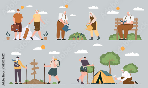 Seniors enjoying outdoor activities in nature. Vector illustrations.