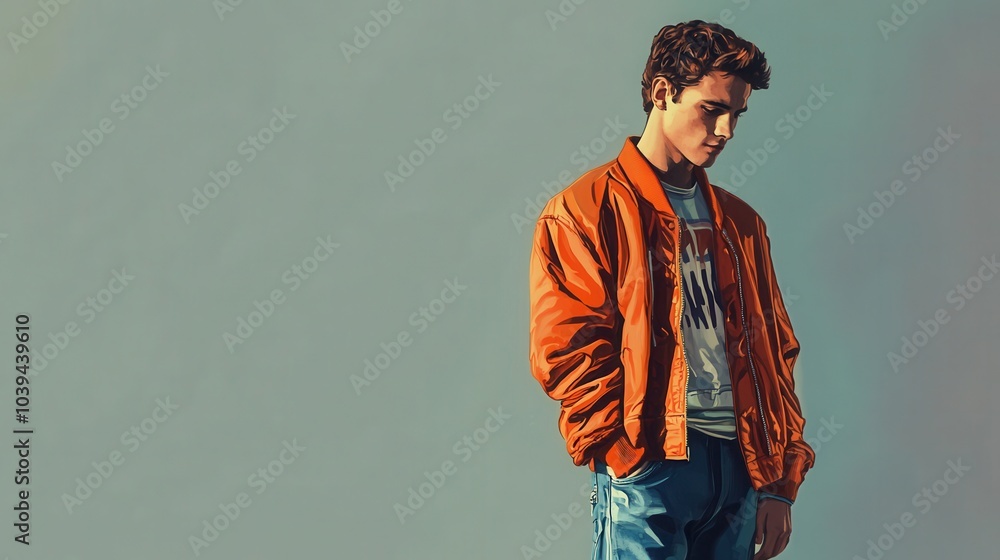 A young man sporting a retro bomber jacket from the 1970s, paired with modern sneakers and jeans. The background is clean and minimalist, allowing A young man sporting a retro bomber jacket from the 1970s, paired with modern sneakers and jeans. The background is clean and minimalist, allowing