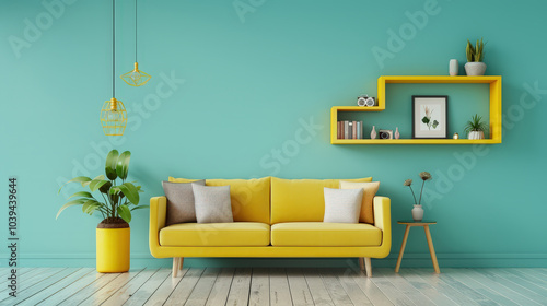 bright pastel themed living room featuring modern yellow sofa against turquoise wall, complemented by stylish decor and plants, creating cheerful atmosphere