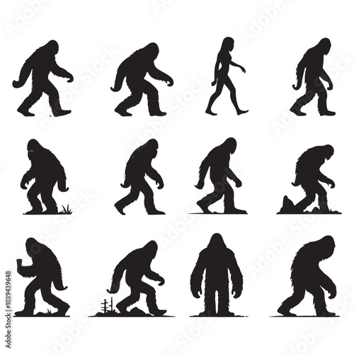 Set of sasquatch silhouettes isolated on a white background, Vector illustration.