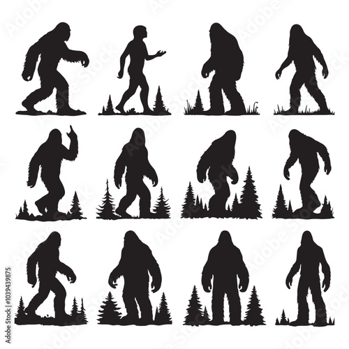 Set of sasquatch silhouettes isolated on a white background, Vector illustration.