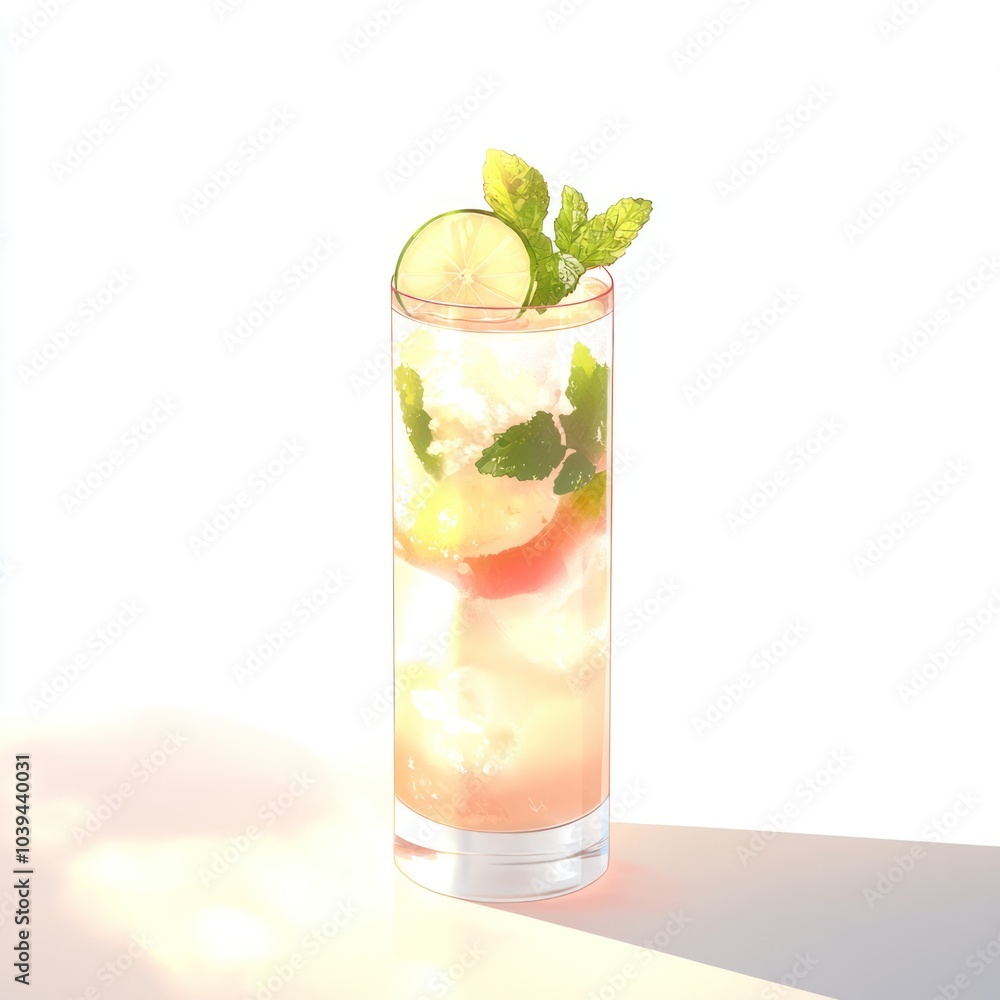 A refreshing cocktail with mint, lime, and fruit, served in a tall glass. A refreshing cocktail with mint, lime, and fruit, served in a tall glass.