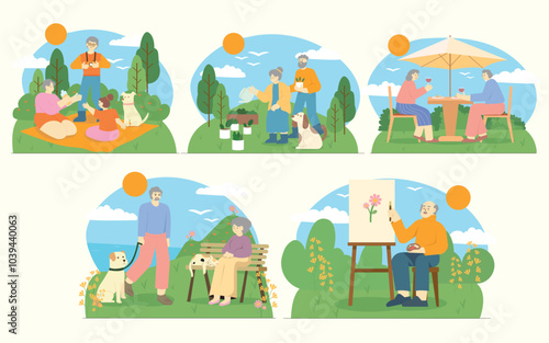 Seniors enjoying hobbies and leisure outdoors. Vector illustrations