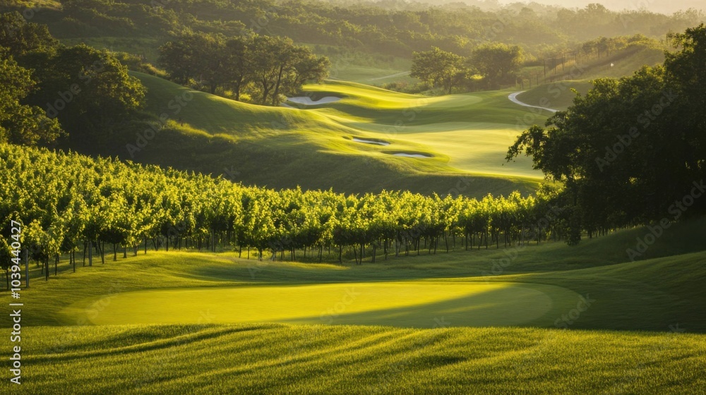 Obraz premium A picturesque golf course on a hilltop vineyard with rows of grapevines, Golf clubs positioned amidst lush green vines and rolling hills, Vineyard elegance style
