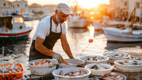 fisherman prepares fresh seafood at bustling port in Mediterranean city during sunset, showcasing vibrant atmosphere and rich culture of area
