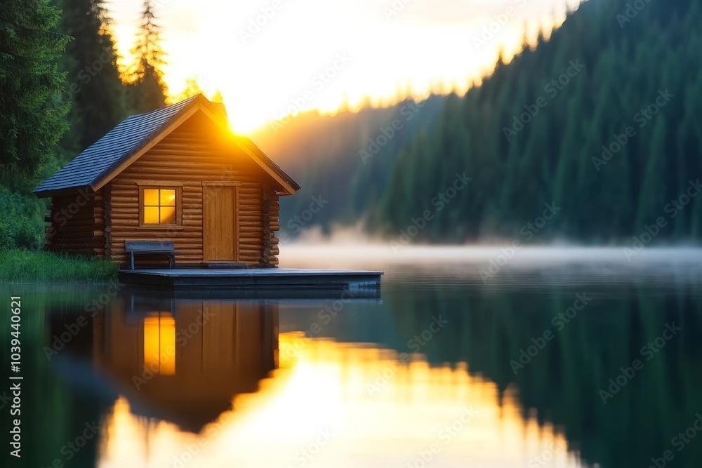Fototapeta premium Serenity at Sunset A Cozy Cabin by the Lakeside
