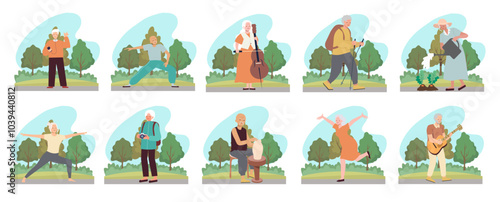 Active senior citizens engaged in various outdoor activities. Vector illustration