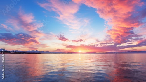 The sky turning shades of orange and pink as the sun sets over the sea photo