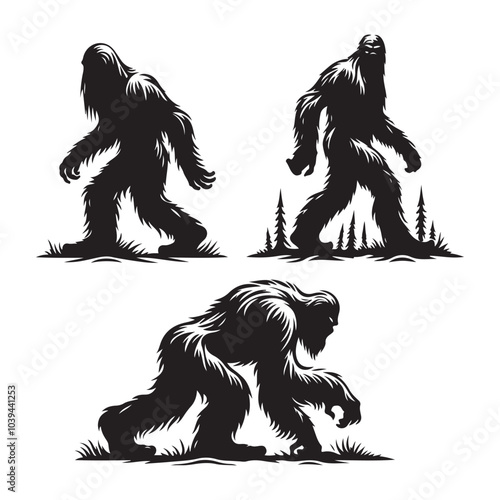 Set of sasquatch silhouettes isolated on a white background, Vector illustration.