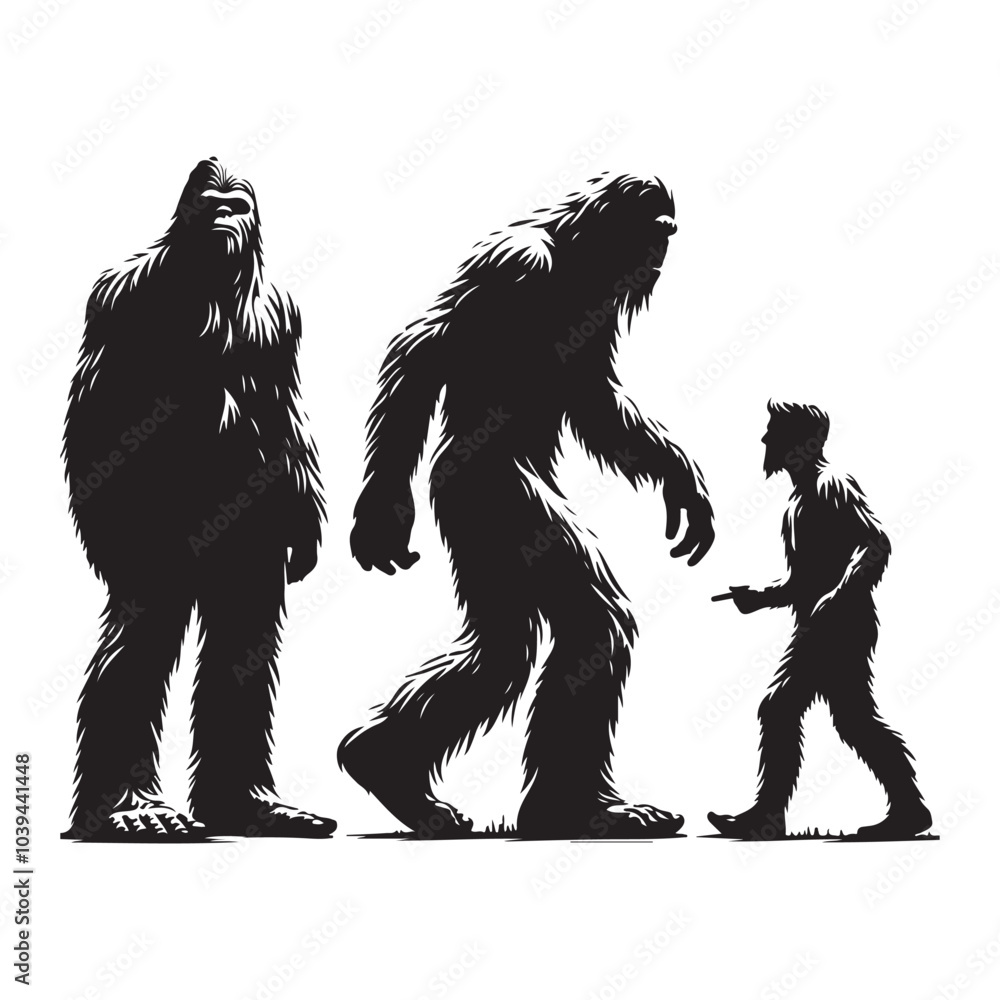 Fototapeta premium Set of sasquatch silhouettes isolated on a white background, Vector illustration.