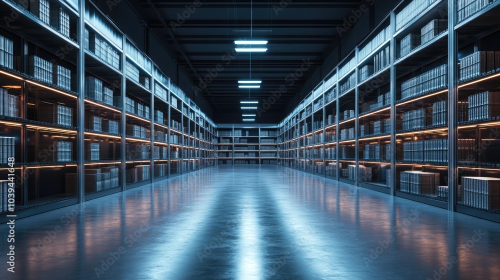 Modern library interior with illuminated book shelves Modern library interior with illuminated book shelves