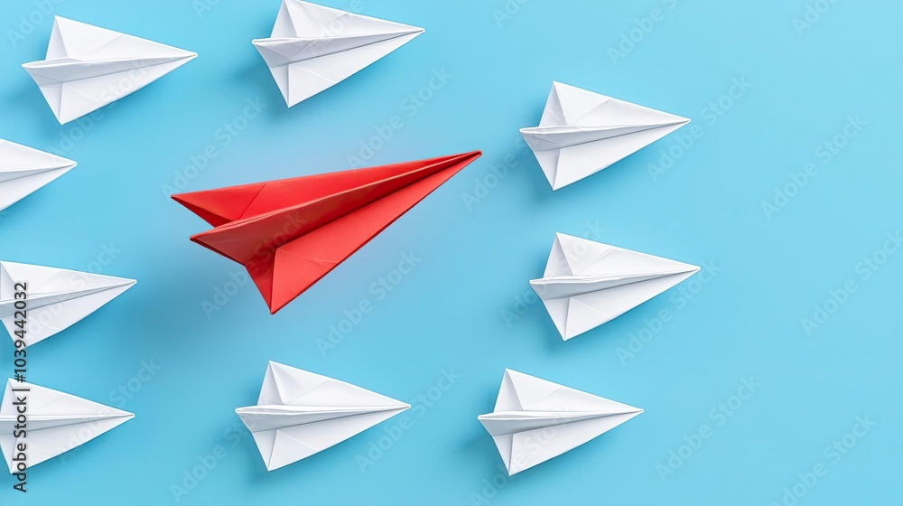 A striking image of a red paper airplane leading a group of white paper airplanes against a blue background, symbolizing leadership and direction. A striking image of a red paper airplane leading a group of white paper airplanes against a blue background, symbolizing leadership and direction.