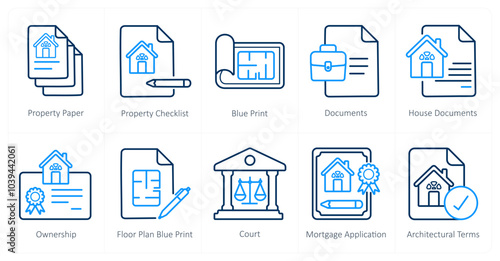 A set of 10 Real Estate icons as property paper, property checklist, blue print