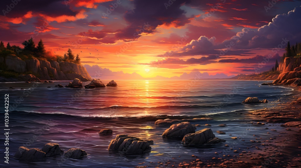 Fototapeta premium A peaceful evening with a vibrant sunset over the calm sea