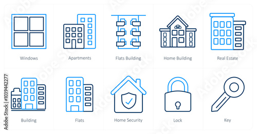 A set of 10 Real Estate icons as windows, apartments, flats building