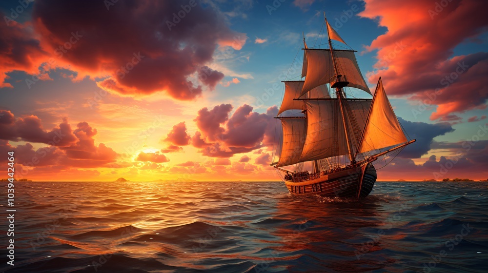 Fototapeta premium A lone sailboat on the sea with a beautiful sunset in the background