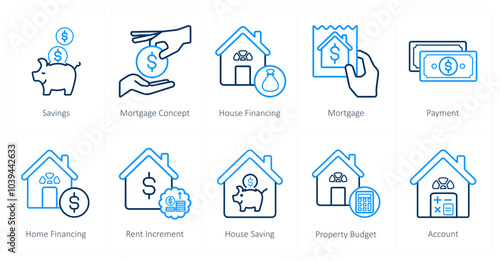 A set of 10 Real Estate icons as savings, mortgage concept, house financing