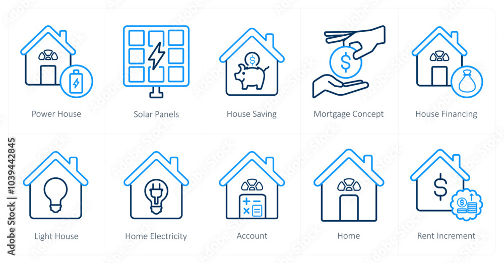 A set of 10 Real Estate icons as power house, solar panels, house savings A set of 10 Real Estate icons as power house, solar panels, house savings