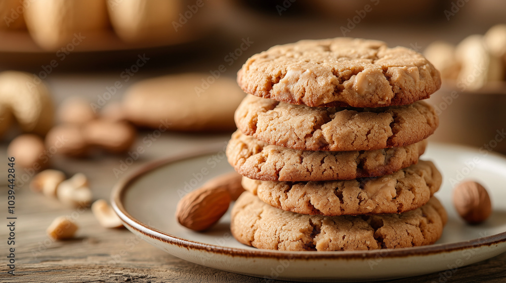 A plate of vegan peanut butter cookies stacked neatly, placed on a rustic wooden table with blurred background featuring peanut butter and baking ingredients A plate of vegan peanut butter cookies stacked neatly, placed on a rustic wooden table with blurred background featuring peanut butter and baking ingredients