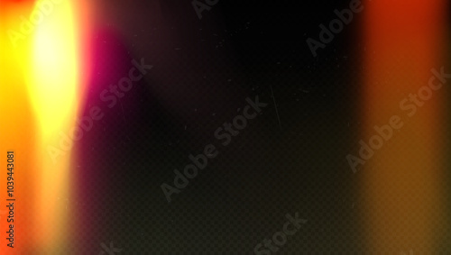 Realistic transparent retro film overlay texture or holographic background with light leak, dust, grain, noise, scratch, rainbow lens flare and iridescent stripe. Movie neon frame or photo blur effect