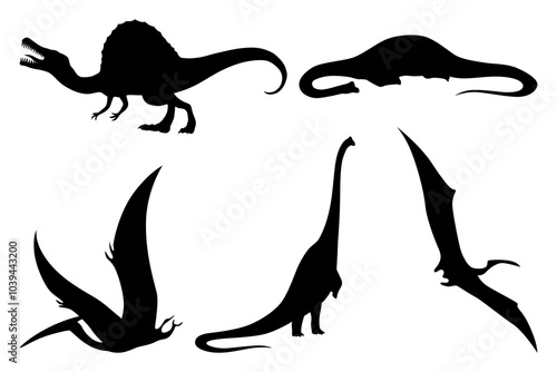 Dinosaurs silhouettes set. Dino monsters icons. Prehistoric reptile monsters. Vector illustration isolated on white. Sketch set