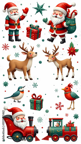 Set of 3d colorful stickers Christmas decorative banner with funny Santa Claus, locomotive and gift boxes and deer, on white background