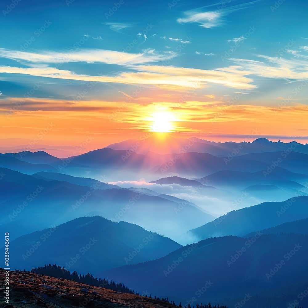 Obraz premium Majestic Sunrise Over a Serene Mountain Range, Capturing the Tranquility and Beauty