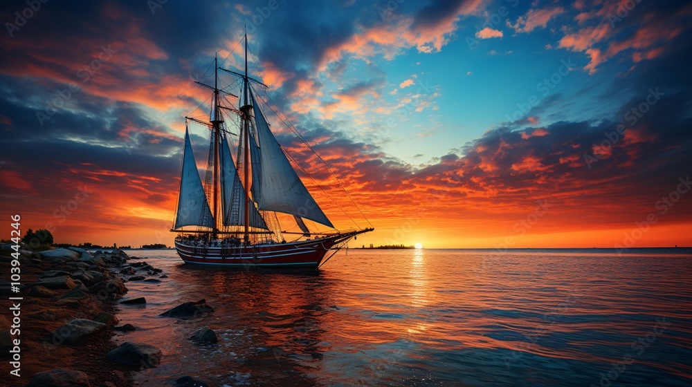 The sky ablaze with color as the sun sets over the tranquil sea The sky ablaze with color as the sun sets over the tranquil sea