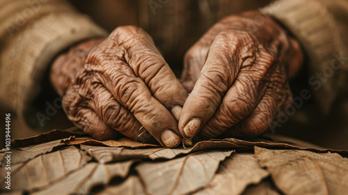 close up view of aged hands skillfully tying bundles of dried leaves, showcasing intricate details of skin and natural textures of leaves. image evokes sense of tradition and craftsmanship