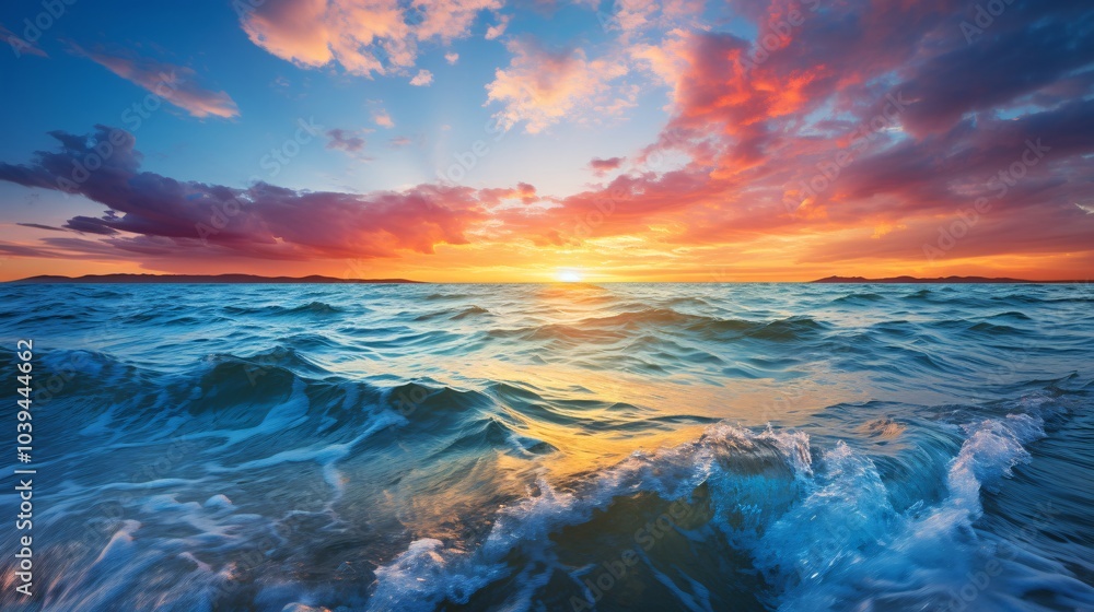 A panoramic view of a stunning sunset over the sea with a blue sky A panoramic view of a stunning sunset over the sea with a blue sky
