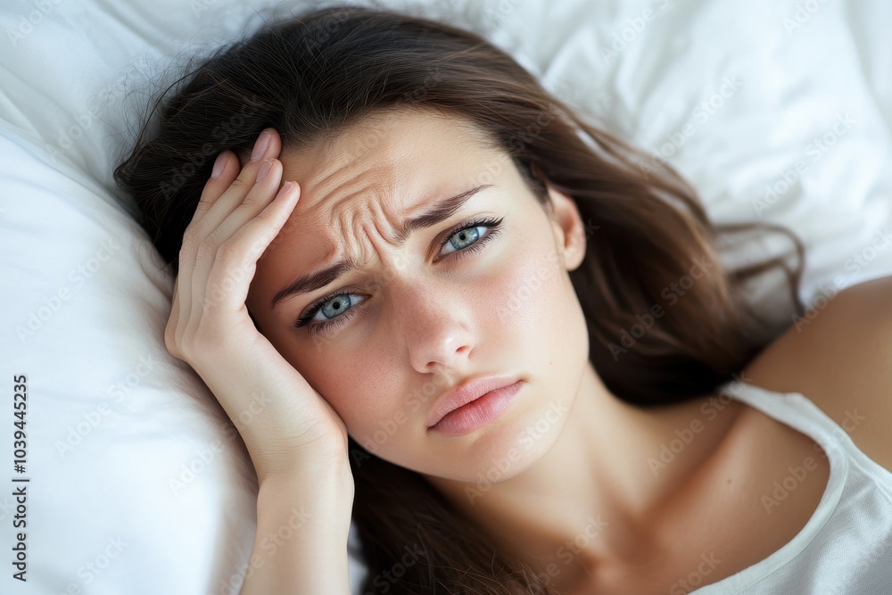 Fototapeta premium A Young Woman Expressing Deep Concern and Emotional Turmoil While Lying on Her Bed Highlighting the Struggles of Mental Health and Anxiety in Everyday Life