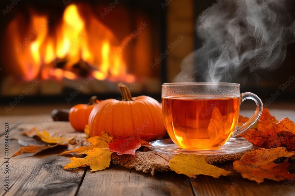 Cozy autumn. Cup of tea, pumpkins, autumn leaves on a wooden table in the background of a warm fireplace. Fall still life in the living room. with generative ai Cozy autumn. Cup of tea, pumpkins, autumn leaves on a wooden table in the background of a warm fireplace. Fall still life in the living room. with generative ai