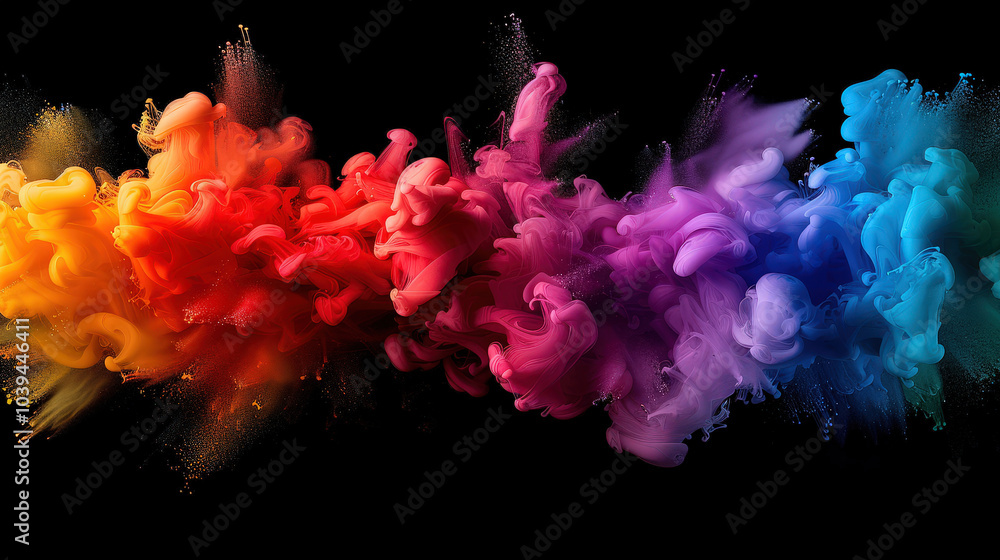 Obraz premium vibrant explosion of abstract light streaks in spectrum of colors, showcasing swirling patterns of orange, pink, purple, and blue against black background. This dynamic composition evokes sense of
