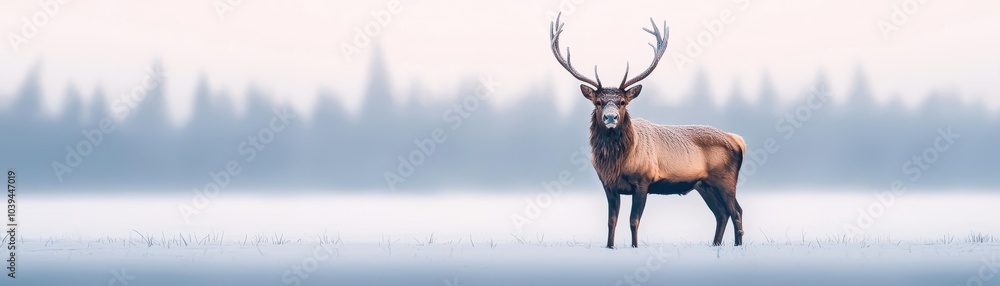 Reindeer with ornate, frost-covered antlers standing on a frozen river in an arctic landscape, pale blue sky overhead, Reindeer, Antlers, Arctic, Cold Reindeer with ornate, frost-covered antlers standing on a frozen river in an arctic landscape, pale blue sky overhead, Reindeer, Antlers, Arctic, Cold
