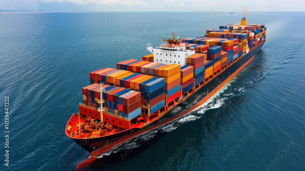 Fototapeta premium colossal cargo ship gliding through ocean, loaded with colorful containers, showcases vastness of maritime trade and transportation. serene water reflects ships impressive size and vibrant colors