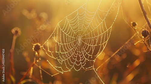 Dewy Spider Web Glimmering in Morning Light