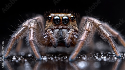  A tight shot of a jumping spider against a black background, its back legs dotted with water droplets