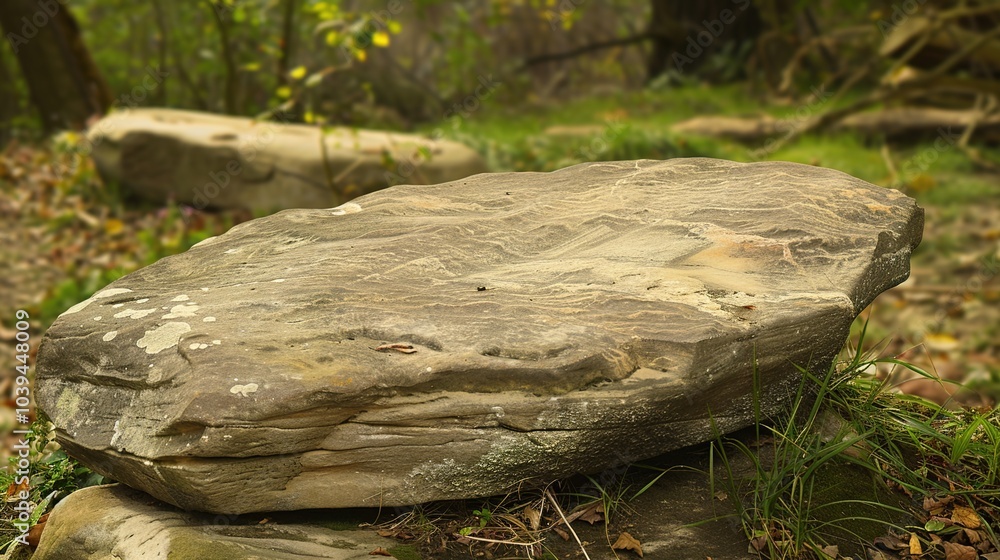 flat stone podium on a rock platform serves as a stylish showcase against a backdrop of verdant forest scenery