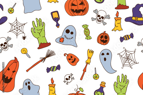 Seamless pattern for Halloween hand drawn doodles and engravings. Fun, cute illustration for seasonal design, textile, kids playroom decoration or greeting card. Vector