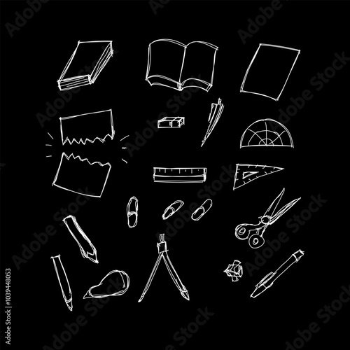 school stuff hand drawing vector isolated on black background.