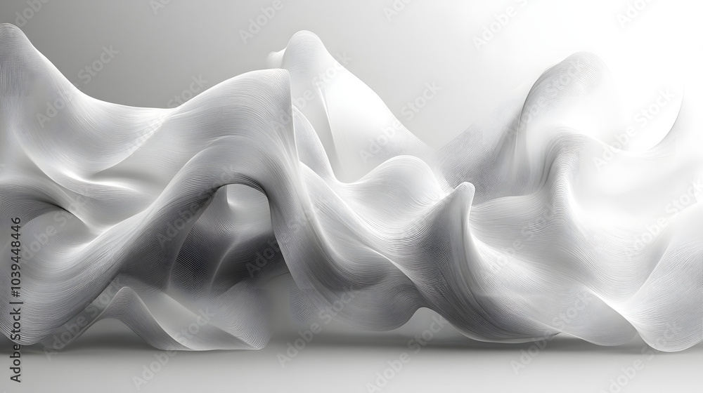 Ethereal Waves of White Silk Fabric Creating Soft Abstract Ruffles with Elegant Flowing Textures in Close-Up View Ethereal Waves of White Silk Fabric Creating Soft Abstract Ruffles with Elegant Flowing Textures in Close-Up View