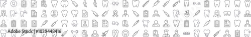 Dentist Related Outline Symbol Set. Contains Icons of Teeth, Doctor, Syringe, Prescription for Banners, Infographics, Books, Articles and Other Types of Design