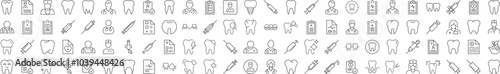 Dentist Related Outline Picture Set. Contains Icons of Teeth, Doctor, Syringe, Prescription for Banners, Infographics, Books, Articles and Other Types of Design