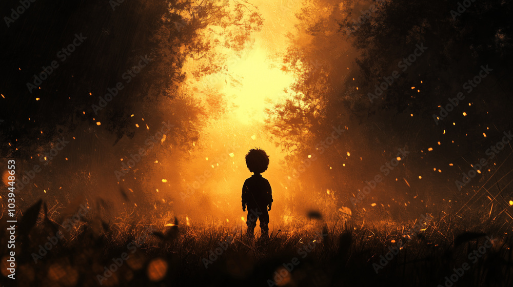 Fototapeta premium Enchanted Path: Silhouette of a Child in a Magical Forest