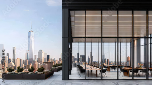 modern urban skyline featuring sleek building with large glass windows, showcasing stunning view of city. scene captures blend of architecture and nature, evoking sense of sophistication and