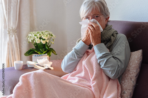 Senior caucasian woman blowing nose with severe cold and fever symptoms like seasonal flu, covid or pollen allergy - woman self-medicate on couch at home with pills, thermometer and blanket photo