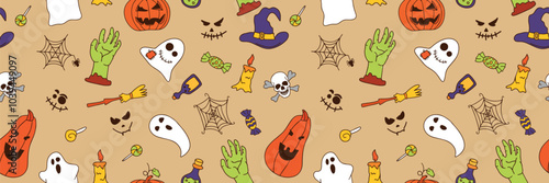 Seamless pattern for Halloween hand drawn doodles and engravings. Fun, cute illustration for seasonal design, textile, kids playroom decoration or greeting card. Vector