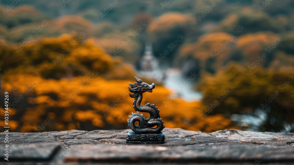 Obraz premium detailed shot of colorful naga statue coiling gracefully, set against blurred backdrop of vibrant autumn foliage. serene atmosphere evokes sense of tranquility and wonder