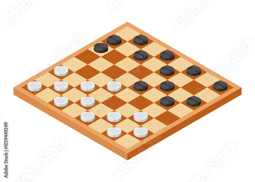 Board game, flat isometric view. Isolated colored icon of checkerboard. Cartoon family table game for adults and kids for leisure and recreation. Vector illustration