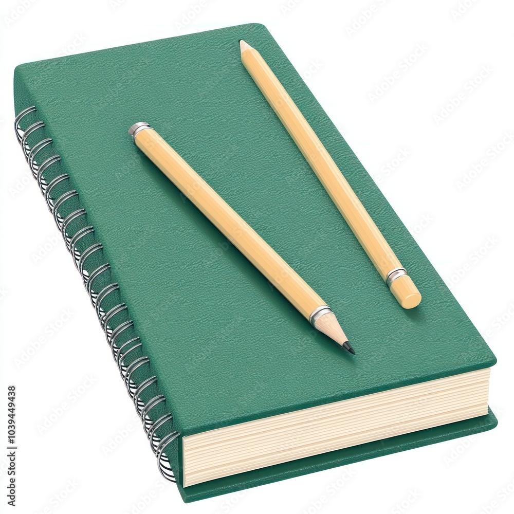 A green spiral-bound notebook with two pencils on top, ideal for writing and note-taking. A green spiral-bound notebook with two pencils on top, ideal for writing and note-taking.